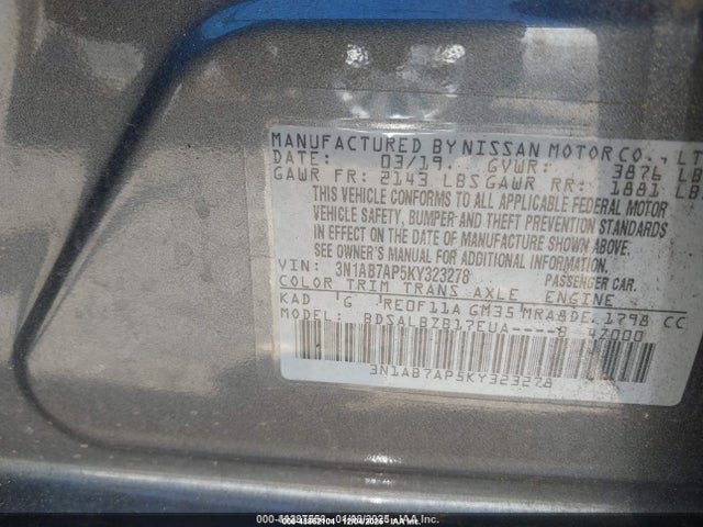 2019 Nissan Sentra S მანქანა იყიდება აუქციონზე, vin: 3N1AB7AP5KY323278, აუქციონის ნომერი: 43862104