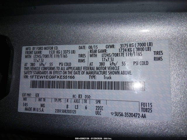 43862136 :رقم المزاد ، 1FTEW1EG9FKE55166 vin ، 2015 Ford F-150 Xl مزاد بيع
