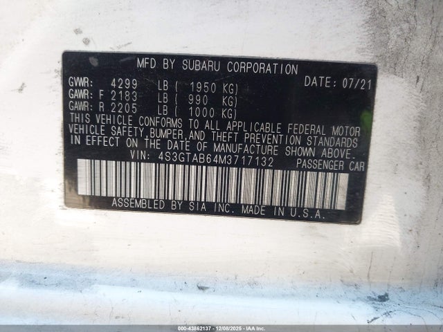 43862137 :رقم المزاد ، 4S3GTAB64M3717132 vin ، 2021 Subaru Impreza 5-door مزاد بيع
