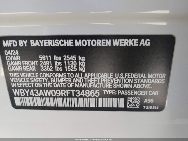 BMW I4 Gran Coupe Edrive35 2024 WBY43AW09RFT34865 Image 9