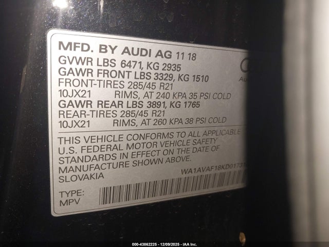 43862225 :رقم المزاد ، WA1AVAF18KD017310 vin ، 2019 Audi Q8 55 Premium مزاد بيع