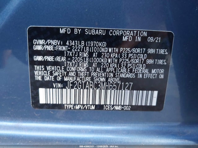 Продаж на аукціоні авто 2021 Subaru Crosstrek, vin: JF2GTABC3MH657127, номер лоту: 43862321