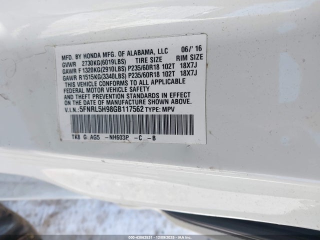 5FNRL5H98GB117562 Honda Odyssey Touring/touring Elite