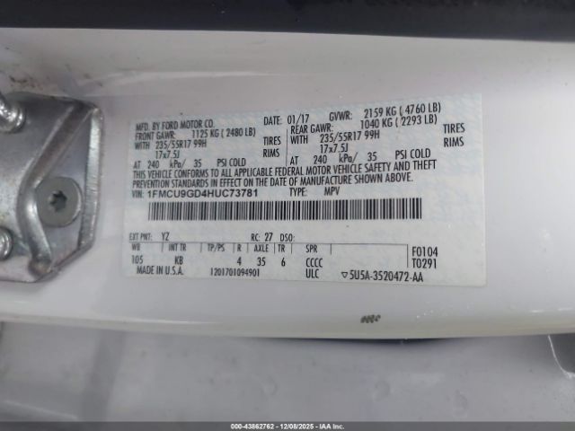 2017 FORD ESCAPE 1FMCU9GD4HUC73781 Photo 8