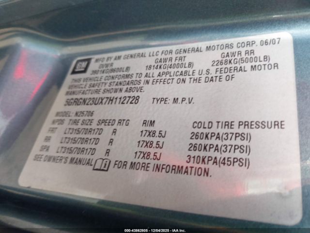 2007 HUMMER H2 SUV 5GRGN23UX7H112728 Photo 8