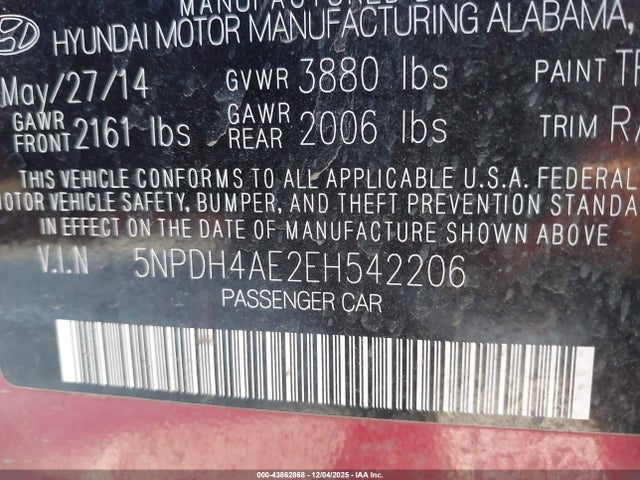 5NPDH4AE2EH542206 Hyundai ELANTRA SE