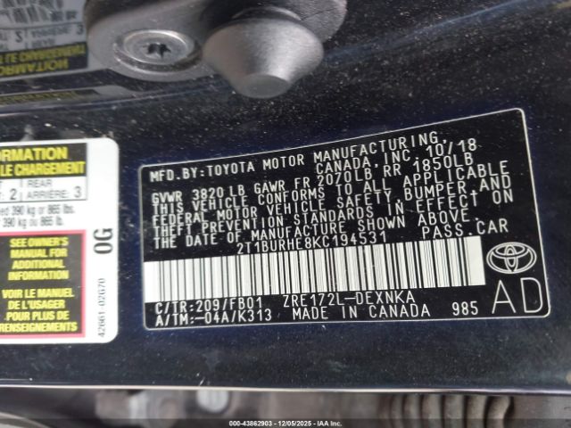 2019 TOYOTA COROLLA 2T1BURHE8KC194531 Photo 8