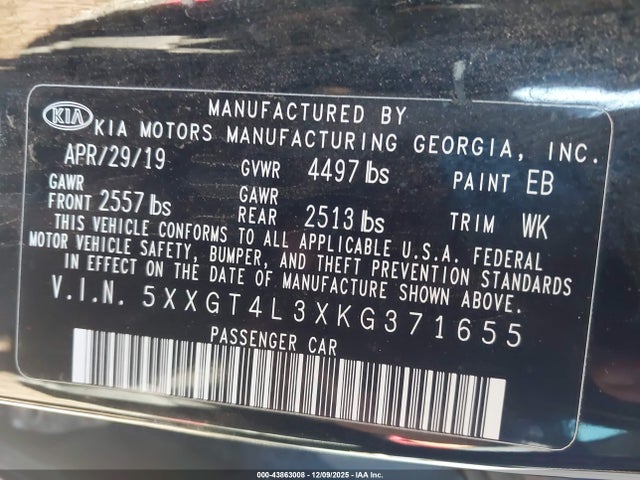 5XXGT4L3XKG371655 KIA Optima Lx