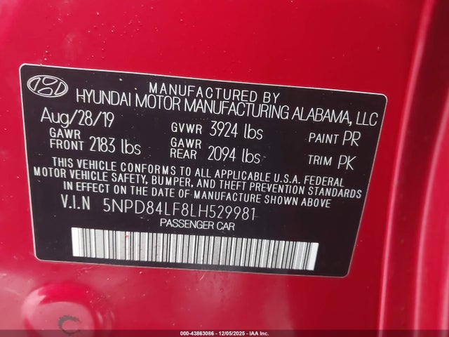 5NPD84LF8LH529981 Hyundai ELANTRA SEL