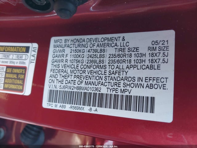 5J6RW2H88MA010362 Honda Cr-v Awd Ex-l