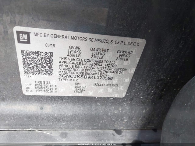 Продажа на аукционе авто 2019 Chevrolet Trax Ls, vin: 3GNCJKSB9KL373586, номер лота: 43863179