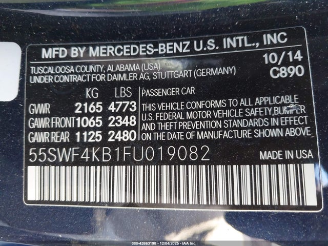 Aukcja sprzedaży 2015 Mercedes-benz C 300 4matic, vin: 55SWF4KB1FU019082, numer aukcji: 43863198