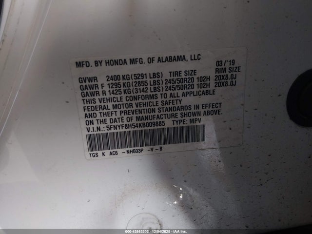 2019 Honda Passport Ex-l მანქანა იყიდება აუქციონზე, vin: 5FNYF8H54KB009885, აუქციონის ნომერი: 43863202