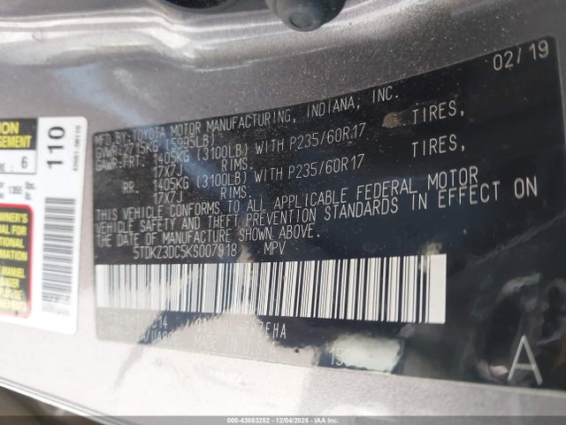 5TDKZ3DC5KS007918 Toyota Sienna Le 8 Passenger