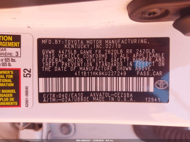 4T1B11HK8KU227249 Toyota CAMRY SE