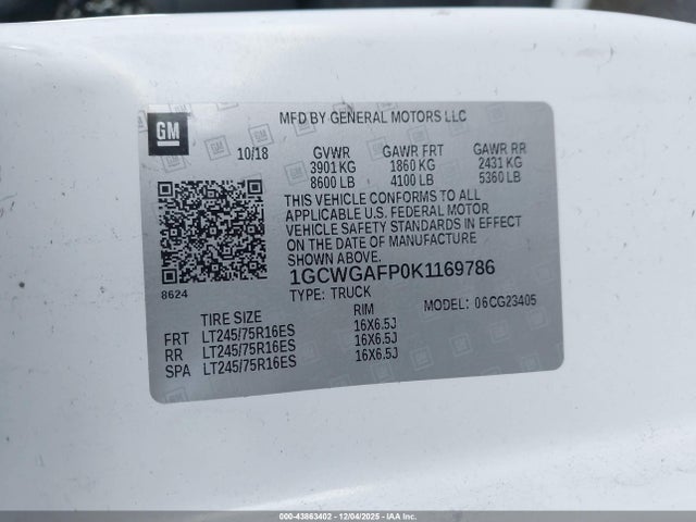 1GCWGAFP0K1169786 Chevrolet Express 2500 Work Van