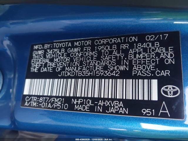 JTDKDTB35H1593642 Toyota Prius C Two