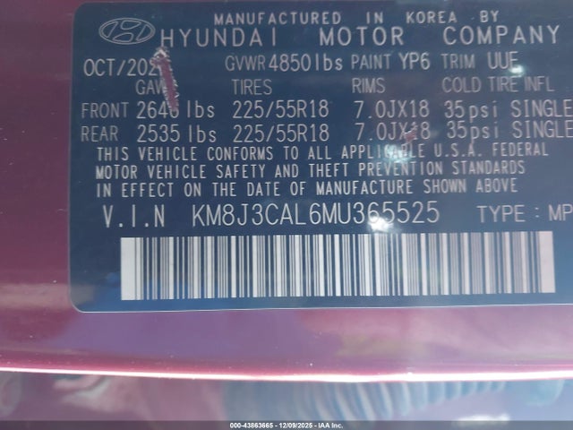 KM8J3CAL6MU365525 Hyundai Tucson Limited
