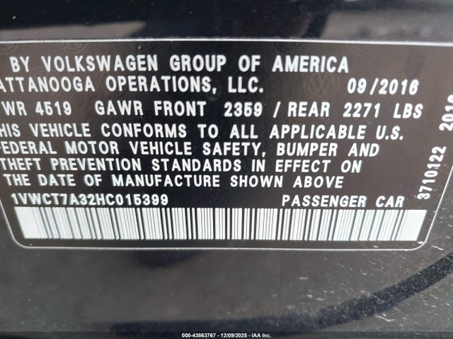 1VWCT7A32HC015399 Volkswagen Passat 1.8t Sel Premium