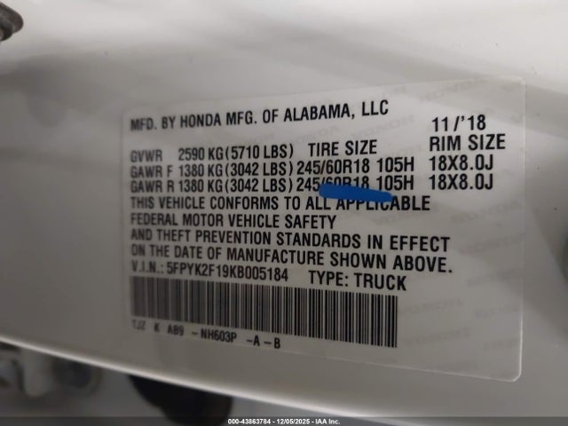 Honda Ridgeline Sport 2019 5FPYK2F19KB005184 Image 9