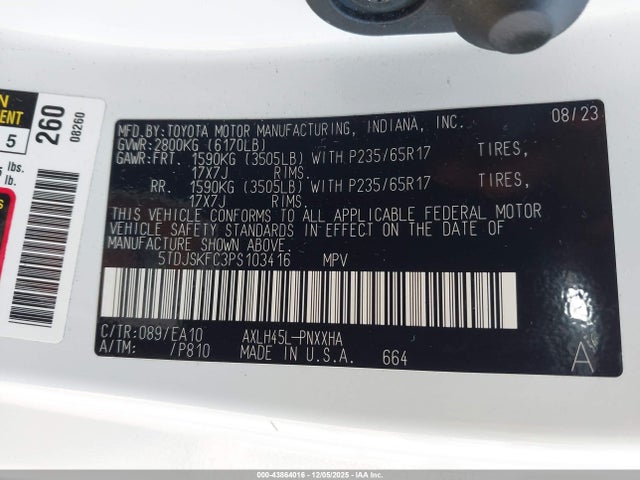 5TDJSKFC3PS103416 Toyota SIENNA XLE