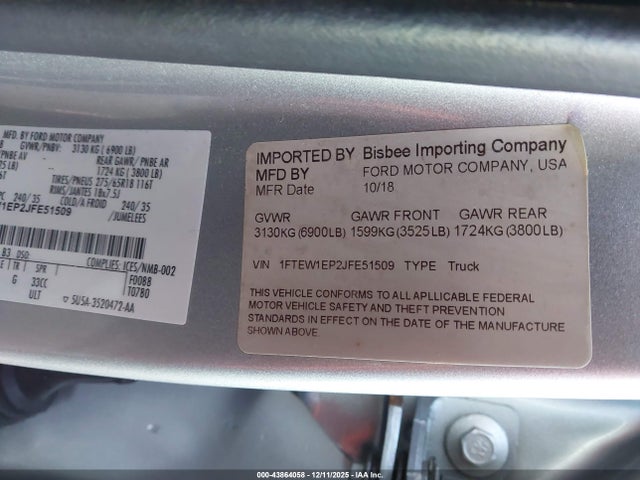 43864058 :رقم المزاد ، 1FTEW1EP2JFE51509 vin ، 2018 Ford F-150 Lariat مزاد بيع