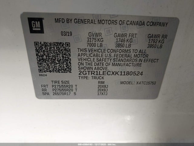 Aukcja sprzedaży 2019 Gmc Sierra 1500 Limited, vin: 2GTR1LECXK1180524, numer aukcji: 43864163