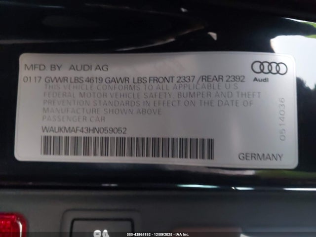 Aukcja sprzedaży 2017 Audi A4 2.0t Season Of Audi Ultra Premium, vin: WAUKMAF43HN059052, numer aukcji: 43864192