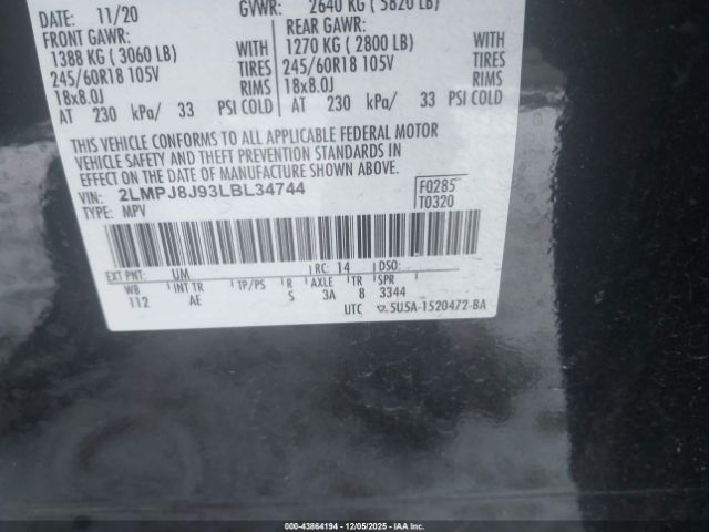 2020 LINCOLN NAUTILUS 2LMPJ8J93LBL34744 Photo 8