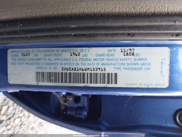 Aukcja sprzedaży 1998 Volkswagen Jetta Gls, vin: 3VWSA81H6WM153915, numer aukcji: 43864542