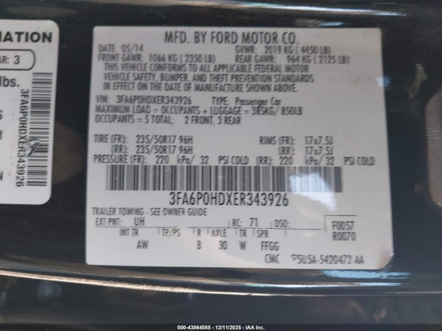 3FA6P0HDXER343926 Ford FUSION SE