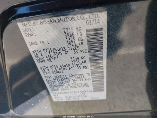 Nissan Pathfinder Sv 2014 5N1AR2MN5EC679924 Image 9