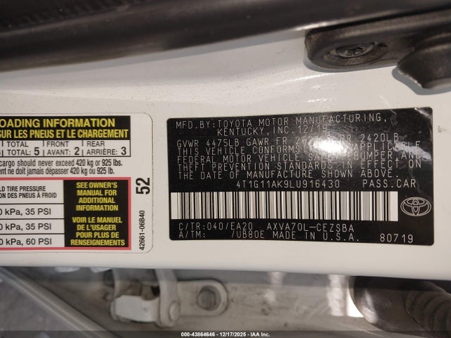 4T1G11AK9LU916430 Toyota CAMRY SE