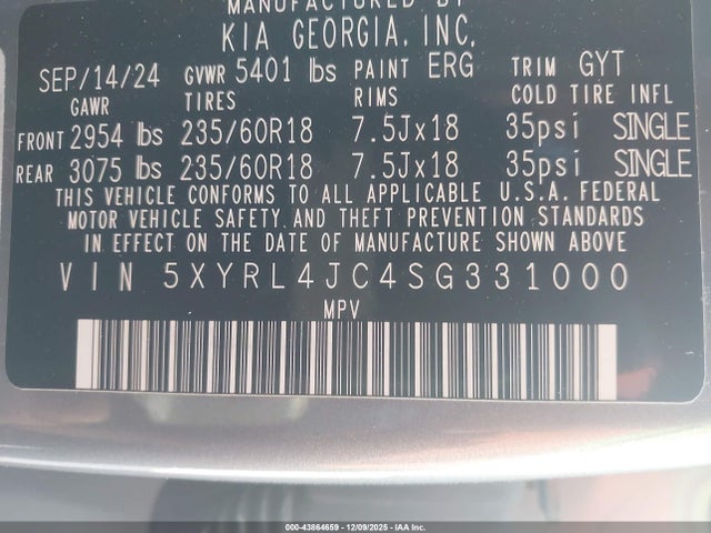5XYRL4JC4SG331000 KIA SORENTO S