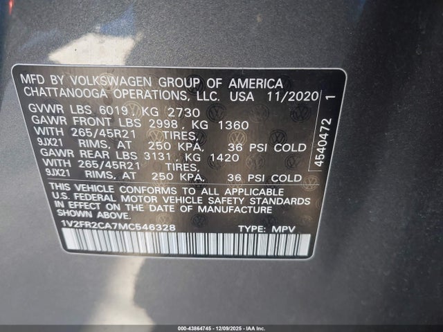 1V2FR2CA7MC546328 Volkswagen Atlas 3.6l V6 Sel Premium R-line
