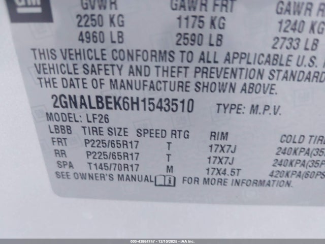 2GNALBEK6H1543510 Chevrolet EQUINOX LS