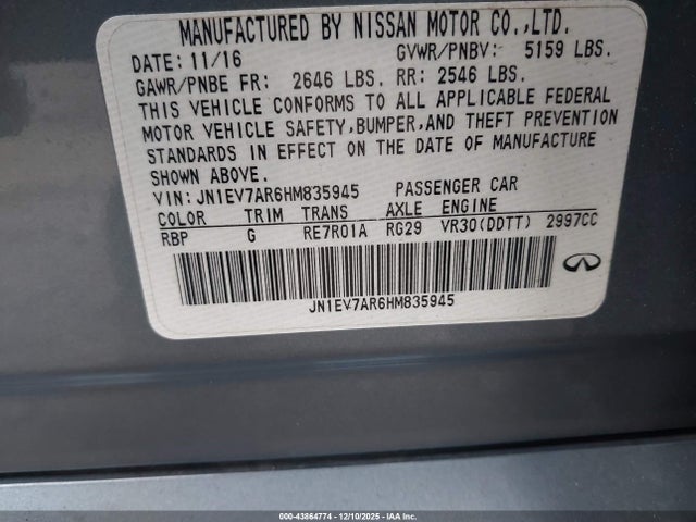 Продажа на аукционе авто 2017 Infiniti Q50 3.0t Premium, vin: JN1EV7AR6HM835945, номер лота: 43864774