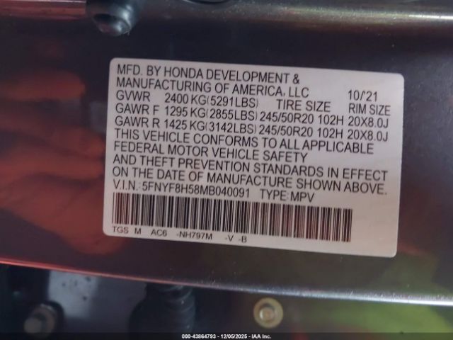 2021 HONDA PASSPORT 5FNYF8H58MB040091 Photo 8