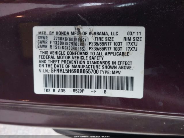 2011 HONDA ODYSSEY 5FNRL5H69BB065700 Photo 8