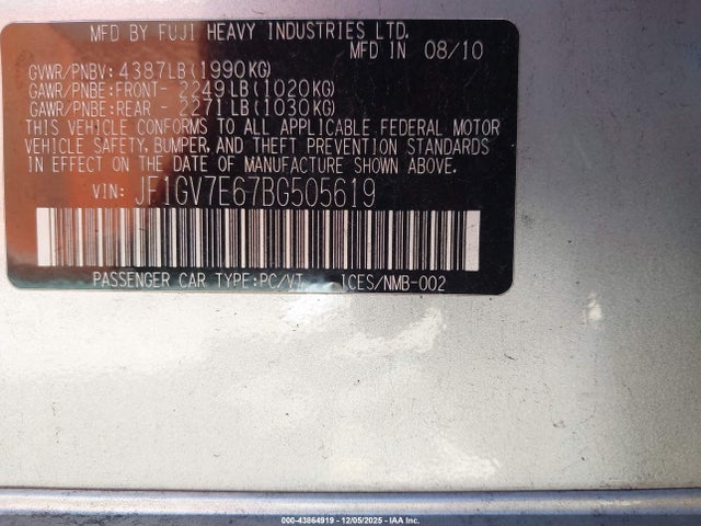 Aukcja sprzedaży 2011 Subaru Impreza Wrx, vin: JF1GV7E67BG505619, numer aukcji: 43864919