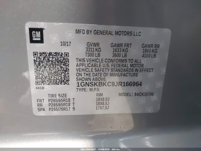1GNSKBKC9JR166964 Chevrolet Tahoe Lt