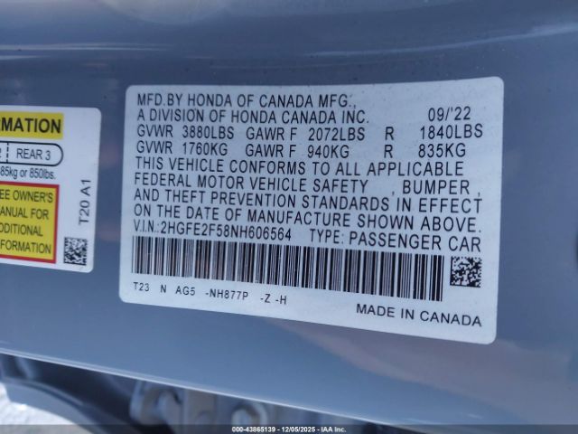 2022 HONDA CIVIC 2HGFE2F58NH606564 Photo 8