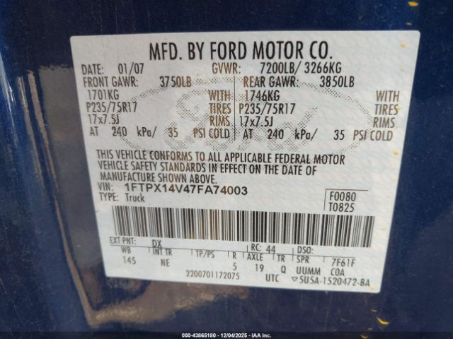 2007 FORD F-150 1FTPX14V47FA74003 Photo 8