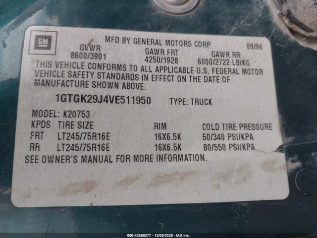 43865377 :رقم المزاد ، 1GTGK29J4VE511950 vin ، 1997 Gmc Sierra 2500 Hd Sl مزاد بيع