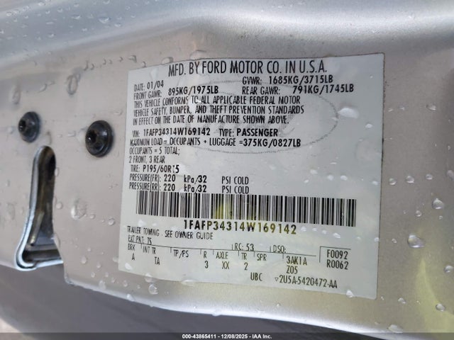 2004 Ford Focus Se მანქანა იყიდება აუქციონზე, vin: 1FAFP34314W169142, აუქციონის ნომერი: 43865411