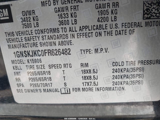 Chevrolet Suburban 1500 Lt 2015 1GNSKJKC0FR626482 Image 9