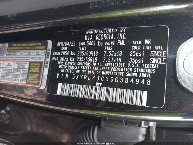 43865526 :رقم المزاد ، 5XYRL4JC3SG384948 vin ، 2025 Kia Sorento S مزاد بيع