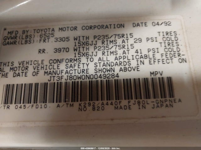 Aukcja sprzedaży 1992 Toyota Land Cruiser Fj80, vin: JT3FJ80W0N0049284, numer aukcji: 43865617
