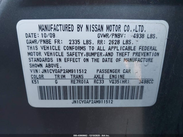 43865662 :رقم المزاد ، JN1CY0AP2AM911512 vin ، 2010 Infiniti M35 مزاد بيع