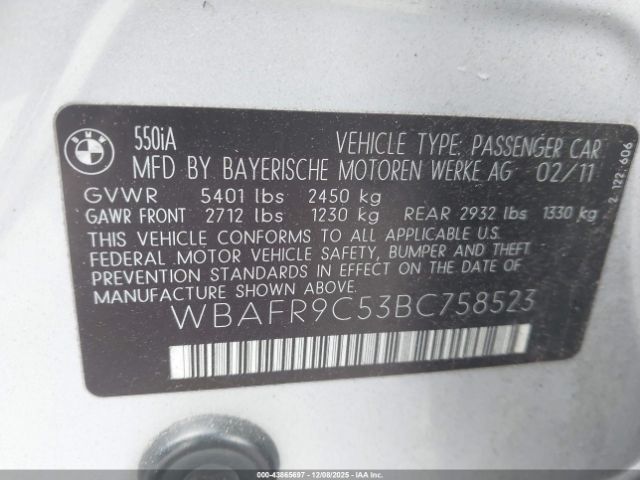 2011 BMW 550I WBAFR9C53BC758523 Photo 8